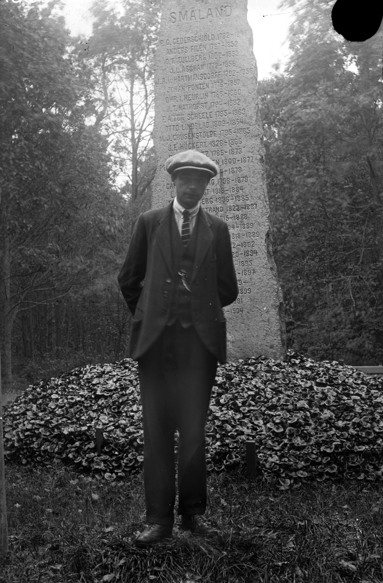 Jönköpings Stadspark. Gustav Andersson står framför en rest sten. År 1907 avtäcktes stenen "Söner av Småland". På stenen finns 65 namn på kända (och vissa halvkända) män som är födda i Småland.