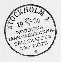 Datumstämpel, s k minnespoststämpel. Rund, med heldragen
ram,antikvastil. Texten "STOCKHOLM 1" upptill längs ramen, övrig text
på5 rader i stämpeln. Årtalet är delat. Stämpeln användes
underNordiska Järnvägsmannasällskapets 20:e möte i Stockholm tiden 23
- 25juli 1936.