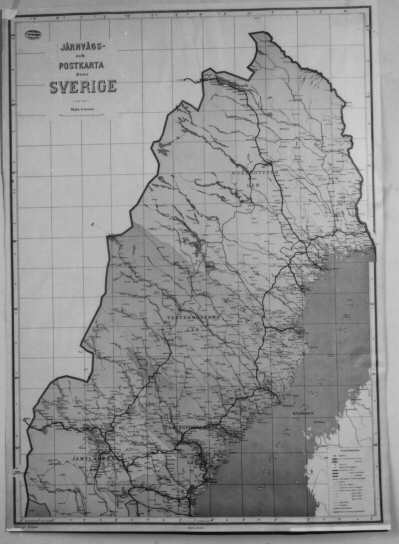 Järnvägs- och Postkarta över Sverige, norra delen, utgiven 1 december 1918. 
Skala 1:800 000.