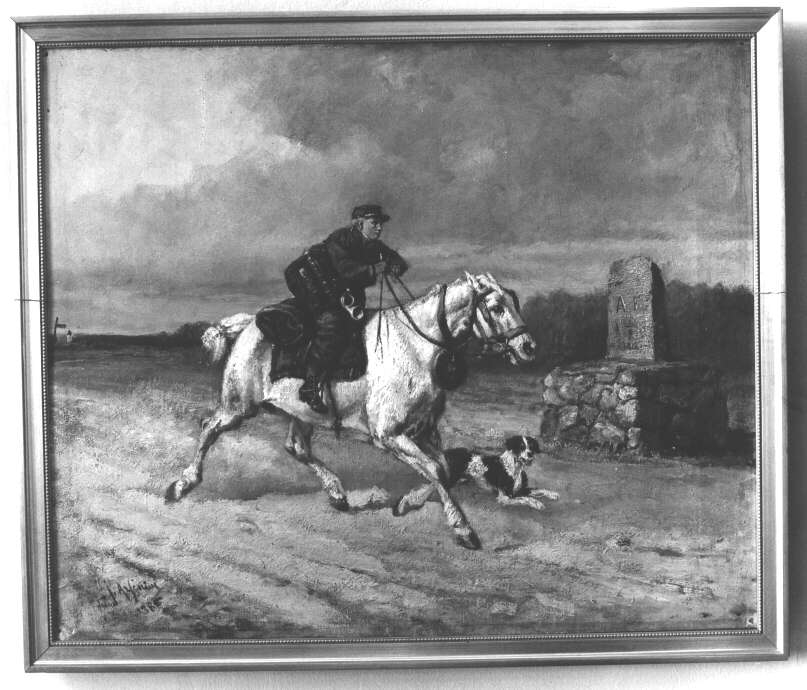 Ridande postbud, oljemålning på duk, 1885. Signerad J. Arsenius, 1885. Förgylld träram.