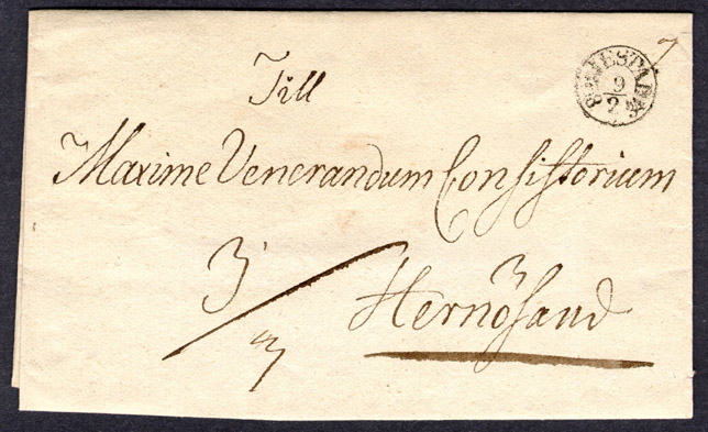 Förfilatelistiskt privatbrev skickat från Bjästa den 9 februari 1834 till Consistoriet i Härnösand. 

Stämpeltyp: Normalstämpel 6  typ 2