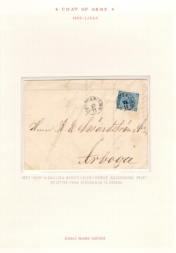 Albumblad innehållande 1 monterat frankerat brev

Text: 1857-12/11 - 4 Skilling Banco - blue - dense background print
on letter from Stockholm to Arboga

Stämpeltyp: Normalstämpel 10