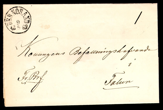 Albumblad innehållande 1 monterat brev

Text: Omslag till fribrev från Hernösand den 9 maj 1862 till Falun.

Stämpeltyp: Normalstämpel 10