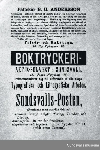 Annons för Boktryckeri Aktiebolaget i Sundsvall.