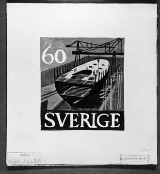 Ej realiserade förslag till nya frimärkstyper 1951. Konstnär: Lars Norrman. Motto: "Hög valör". 4. Fartygsbygge. 
Valör 60 öre.