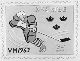 Frimärksförlaga till frimärket VM i ishockey, utgivet 15/2 1963. 1963 års VM i ishockey spelades i Stockholm.
Förslagsteckningar utförda av konstnären Tage Hedqvist.  . Förslag 2. Akvarell. Valör 25 öre.