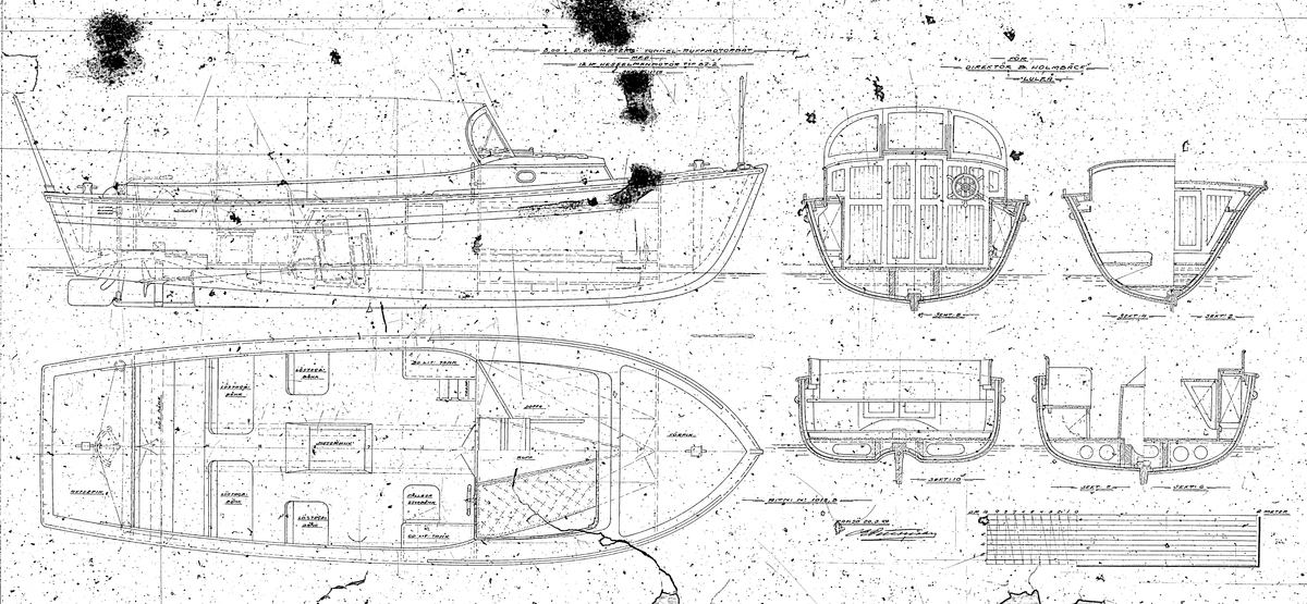 Tunnelruffmotorbåt.
Inredningsritning i profil, plan och sektioner