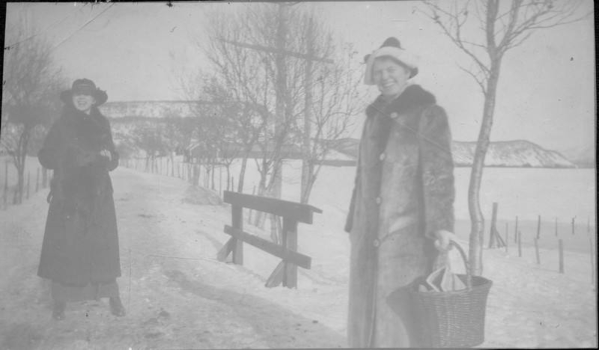 To ukjente kvinner vinterstid ved brua over Posthuselva i Maren Frederiksens  allé, Melbu. Den ene  holder en kurv i venstre hånd. Fjell-landskap i bakgrunnen.  

Bildetekst: "Hjem til middag"