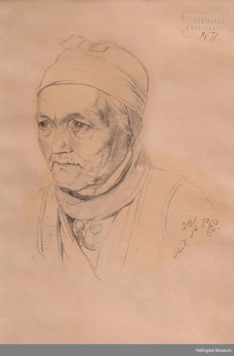 Blyanttegning, et portrett av kona på Ruud datert 23/6 1870 EP.