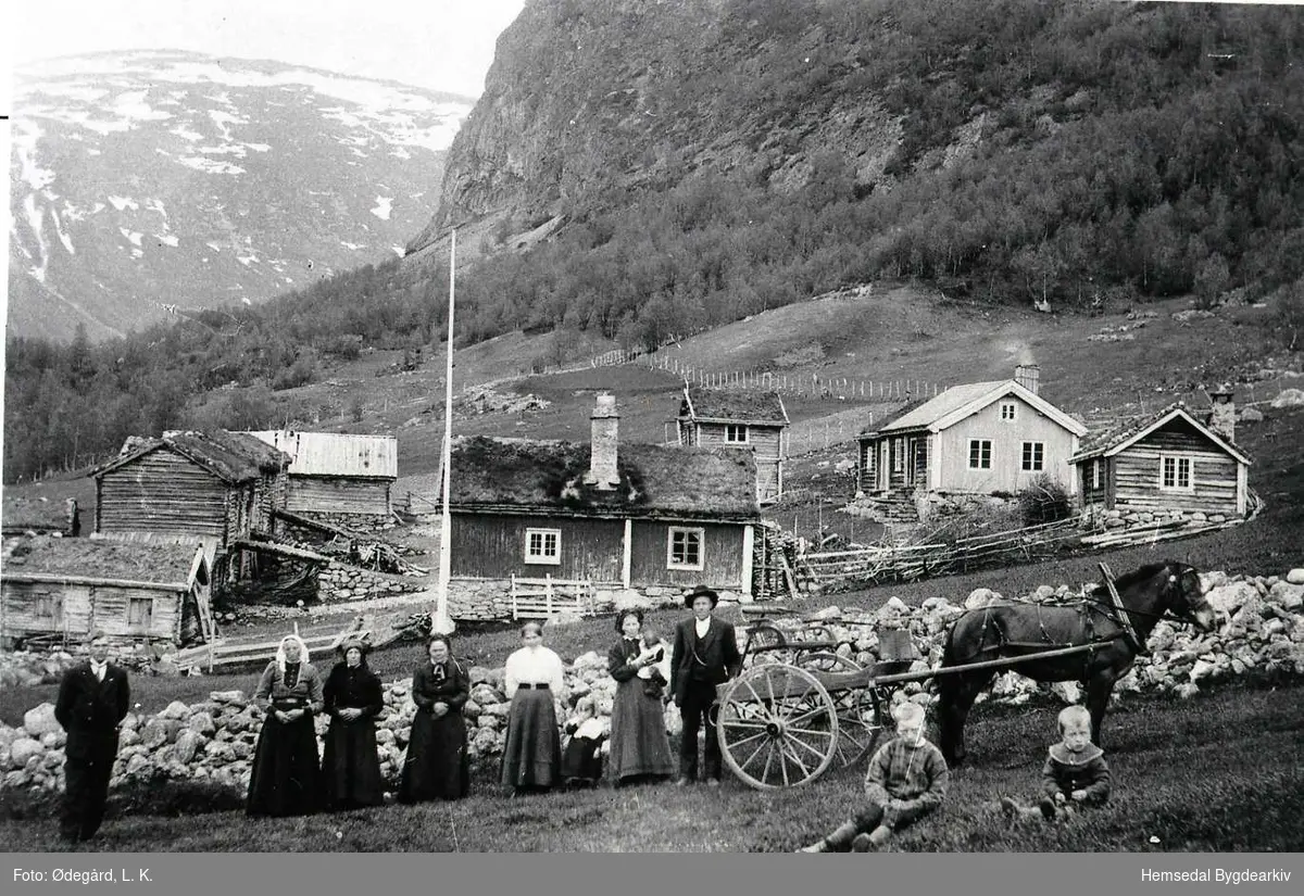 Husa: frå venstre: stabbur, løe(bak for Køret, trev,låve, fjøs (med to luti)); Loft, Kårstove(stugu,dialekt) og                      
Hallingstove, eldhus.
Husa er bygde før 1850.
Personane:
Frå venstre: Knut T. Tuv, fødd 1894; Guri O. Støyten, fødd 1873; Ingrid Snikkarbråten, fødd 1853; Margit S. Tuv,fødd 1848; Gunnvor Sletthaug,fødd 1885; Birgit B. Bjørnebergstøl, fødd 1913; Anne Bjørnebergstøl,fødd 1881, med Guro, fødd 1915 på armen; Ole T. Tuv Bjørnebergstøl, 1847; Knut O. Tuv Bjørnebergstøl, fødd 1907; Ole O. Tuv Bjørnebergstøl, fødd 1911.

Biletet er teke kring 1916 på Bjørnebergstølen 88-1.