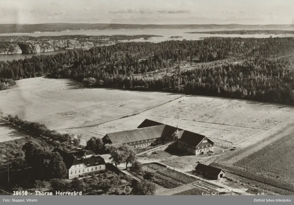 Thorsø Herregård i Borge, med uthus og åkre. I bakgrunnen ses fjorden. Postkort.