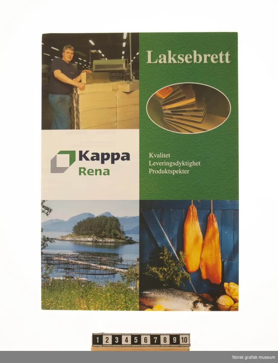 Brosjyre fra Rena Kartonfabrik A/S om produktet "laksebrett", dvs. pappstykket som du finner i forpakninger med røkelaks og lignende.