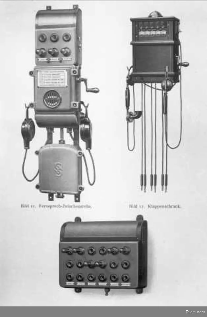 Telefon for høyspenningsanlegg, Siemens. Fig 11: Telefon mellomstasjonsapp. Fig 12: Sentralbord. Fig 13: Proppfelt. Elektrisk Bureau.