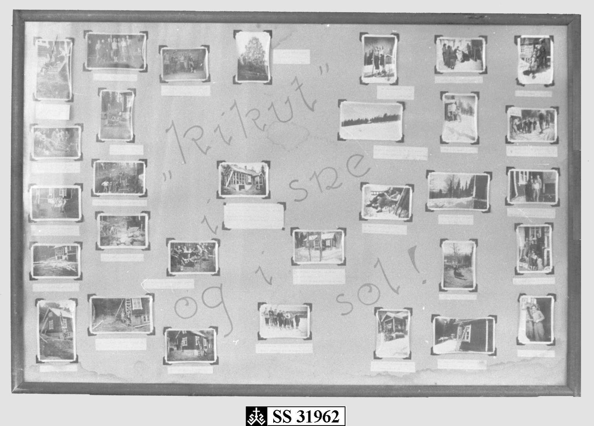 På en kartongplate er festet i alt 31 amatørfoto med fotohjørner.Under er det maskinskrevet, rød tekst på  papirstrimler. Bildene forteller om virksomheten på avholdslagets hytte Kikut i Roterudbygda. 