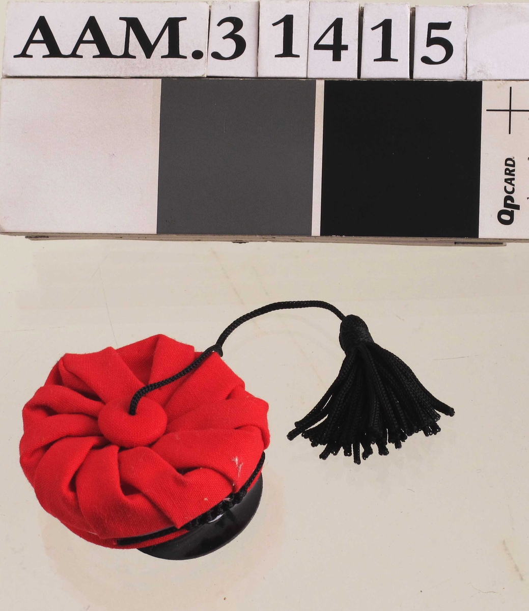 Rød russelue, svart brem, svart dusk i lang tråd .  Over bremmen et emblem av "silke" med sirkler i fargene hvit, blå og rød.  Over emblemet en sort snor med fletting på midten.  

Miniatyr