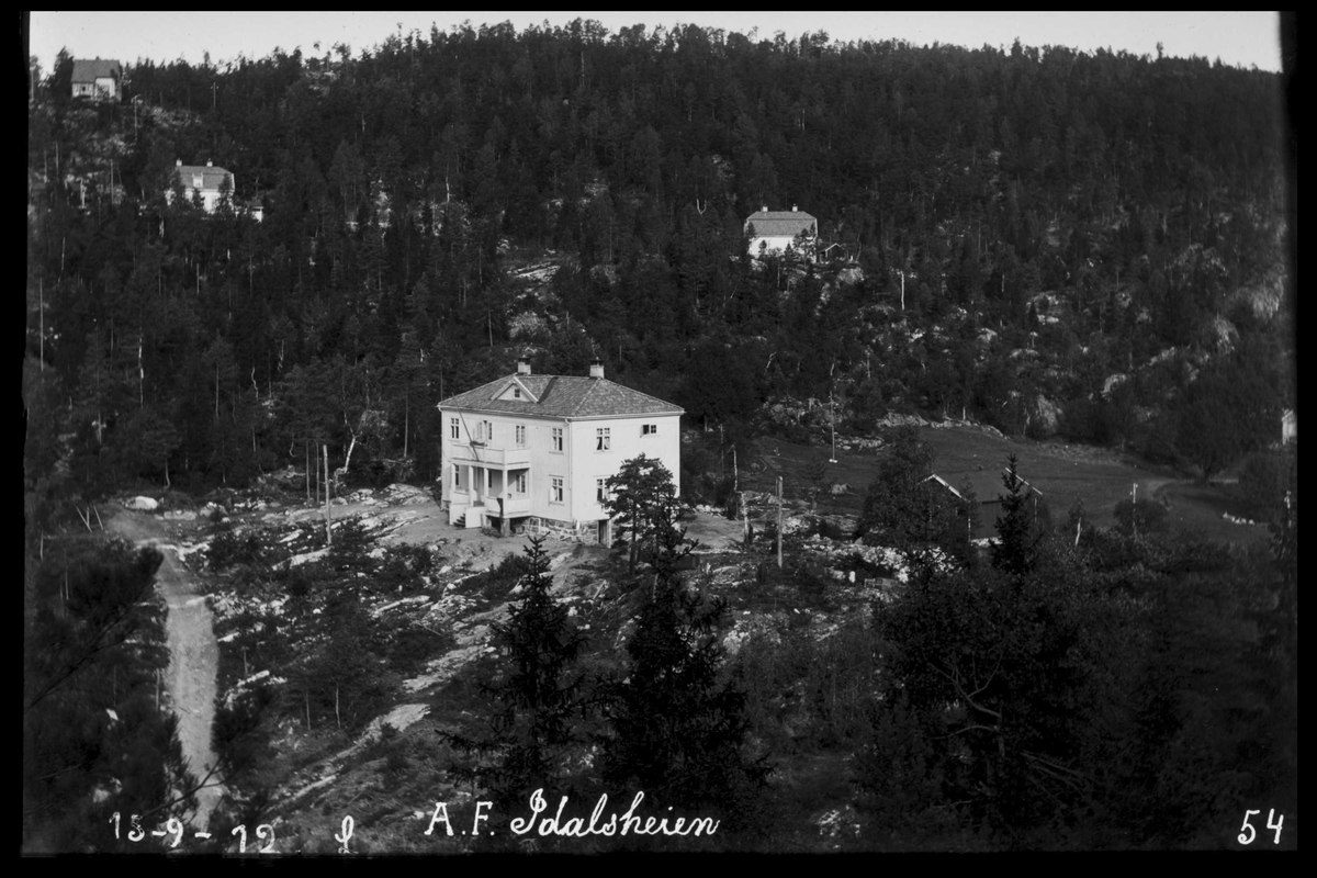 Arendal Fossekompani i begynnelsen av 1900-tallet
CD merket 0470, Bilde: 33
Sted: Bøylefoss
Beskrivelse: Huset "Firkanten" med Idalsheia og bebyggelse