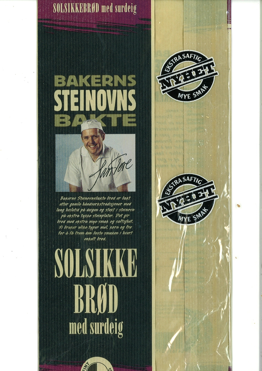 Brødposens motiv på forsiden er en smilende baker med underskriften Jan Tore. Han er i hvite kler med hvit bakerlue på hodet