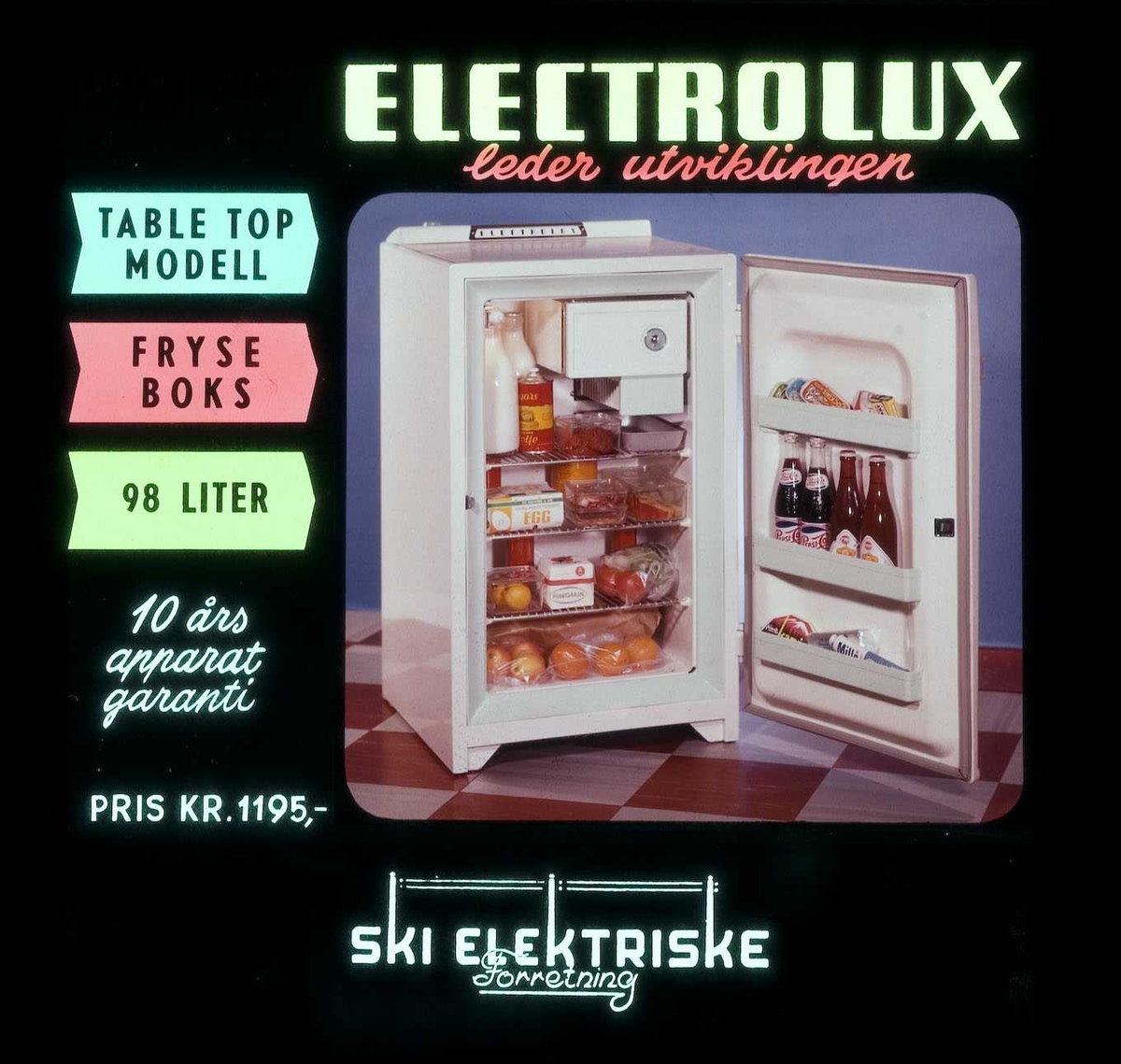 Kinoreklame fra Ski for Electrolux kjøleskap m/fryseboks. Ski elektriske forretning.