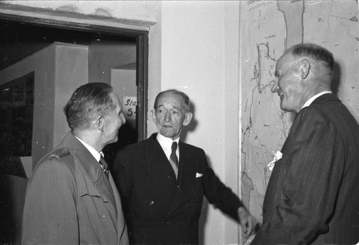 Fra Bygdeutstillingen ved Eidsvoll Landsgymnas i 1955. 
Fra.v.: ordfører Martin Johansen, fylkesmann Carl Platou, Jens Røkholt.