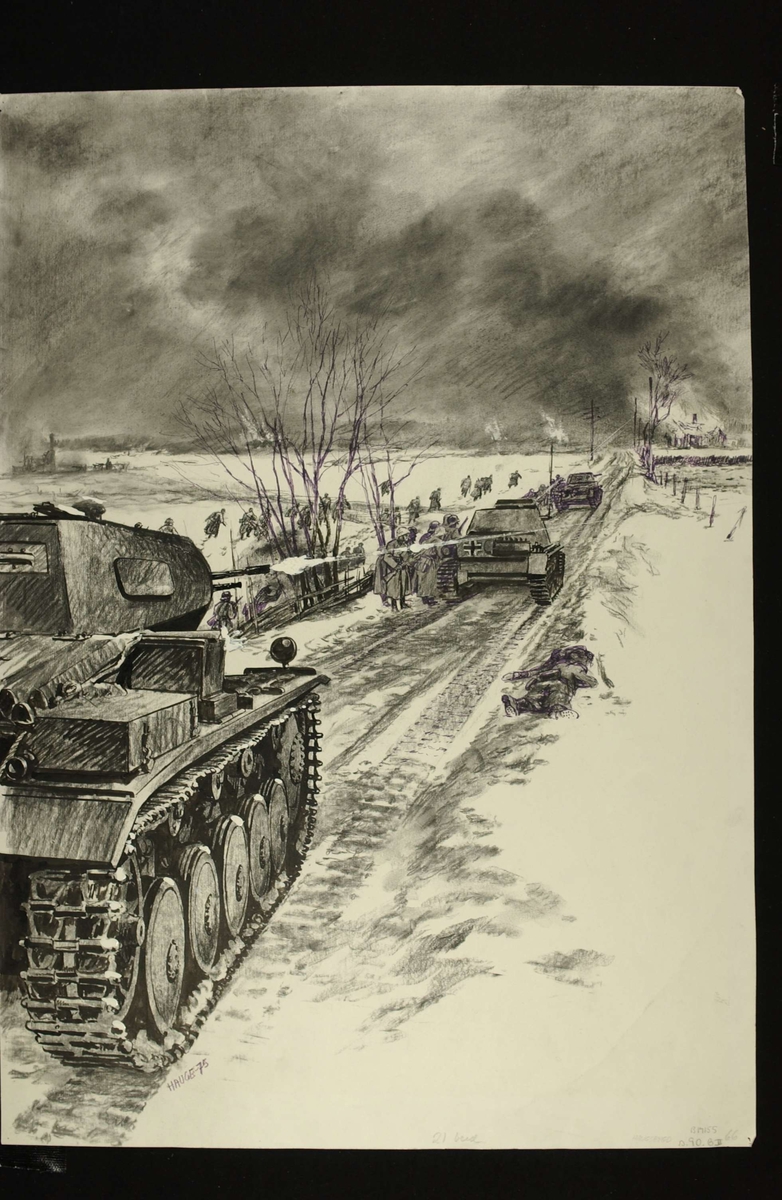 Tyske stridsvogner bryter ned det norske forsvar i Haugsbygd. Mot de tyske stridsvogner er nordmennene vergeløse. 44 gårder brennes i Haugsbygd. Kampene i Norge 1940, bind 1, side 102.