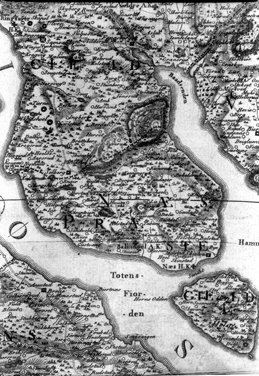 Repro av vegkart for Nes og Helgøya 1750.