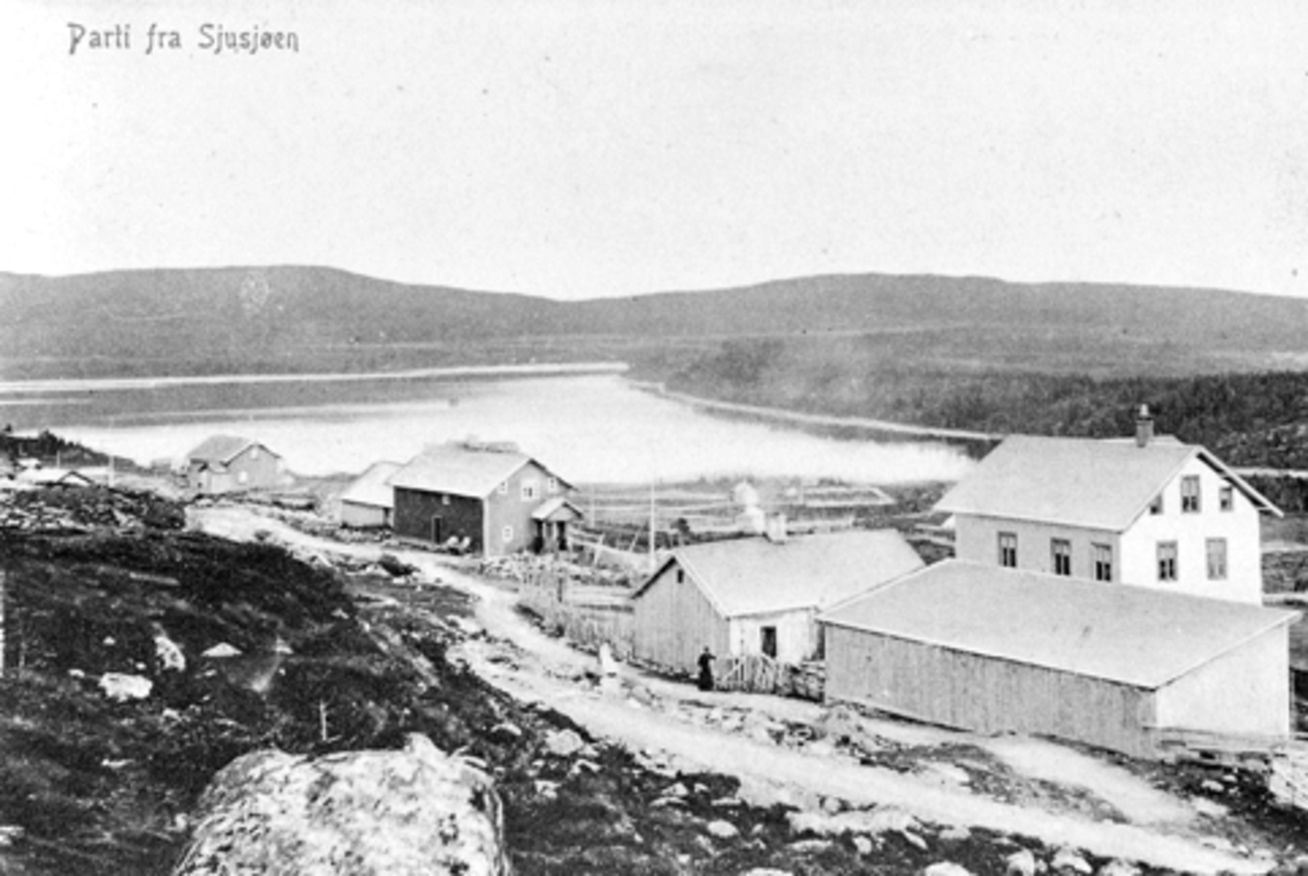 Parti fra Sjusjøen, fjellstue, postkort.