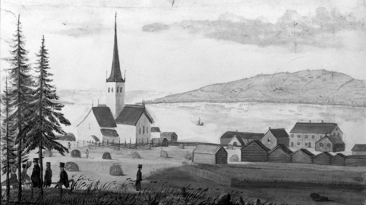 Ringsaker kirke og prestegård. Akvarell fra 1824.