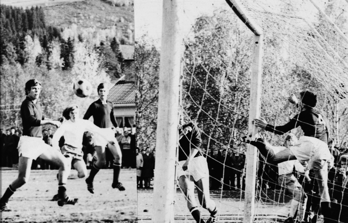 Knut "Santos" Simensen scorer 2-1målet i NM-finalen i fotball for junior, mot Viking, på Sveum 1970.