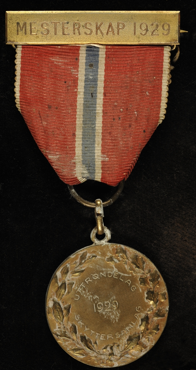 Overkroppen av en person med børse i hånden på framsiden av medaljen.
Bladkrans rundt en inngravert tekst på baksiden av medaljen.