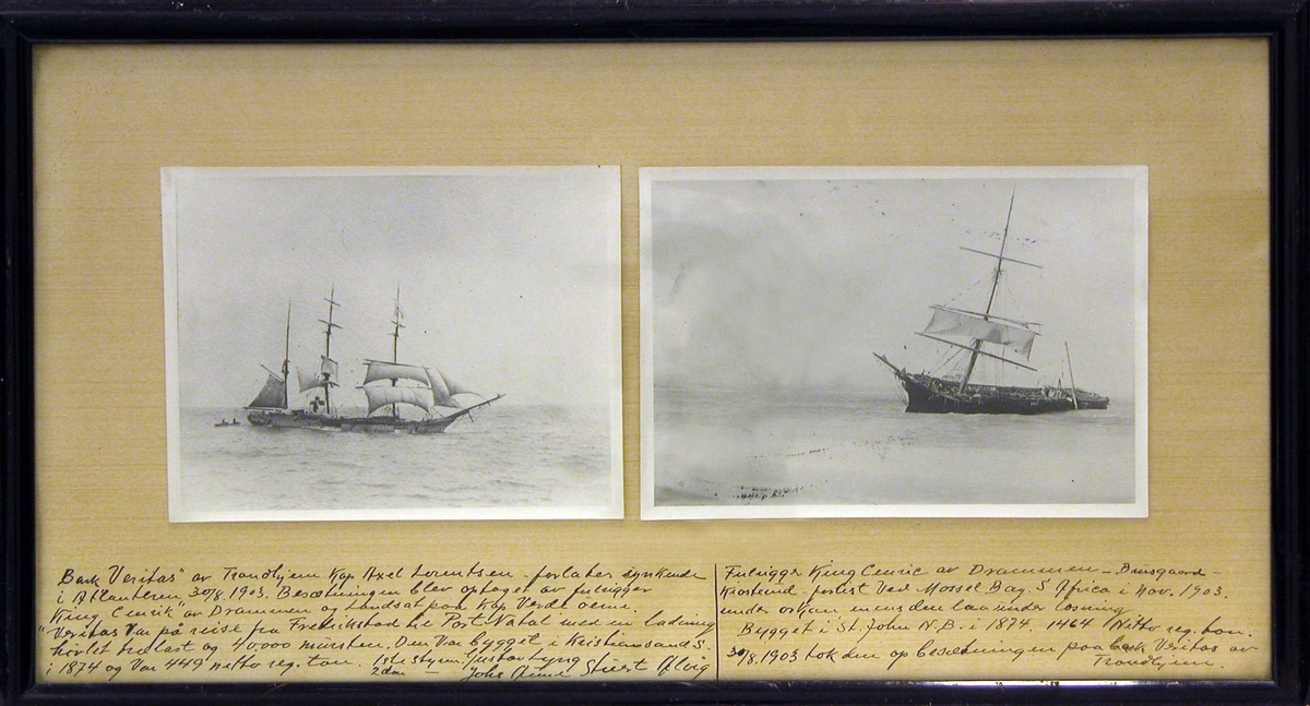 To fotografier av to seilskuter. Bark "Veritas" og Fullrigger "King Ceuric".