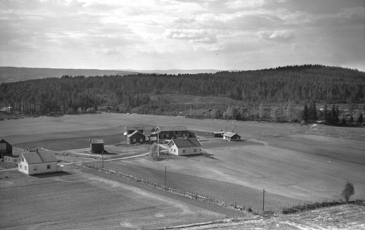 Nygaarden (Gnr 65/1) i midten og Lille Nygaarden (Gnr 65/8) i venstre bildekant. På Jømna.