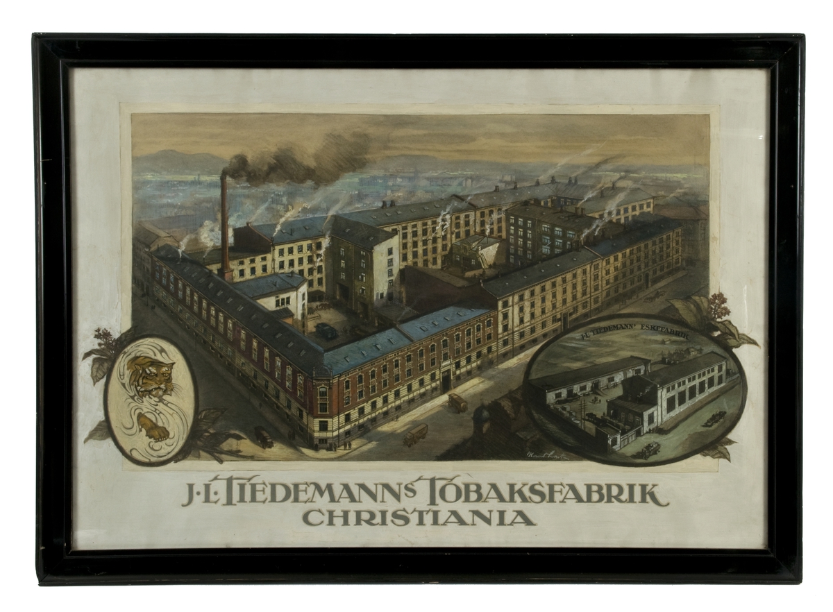 Maleri av Tiedemanns Tobaksfabrik i Stensberggaten, eskefabrikken i Bergensgate og fabrikkens logo før 1928.