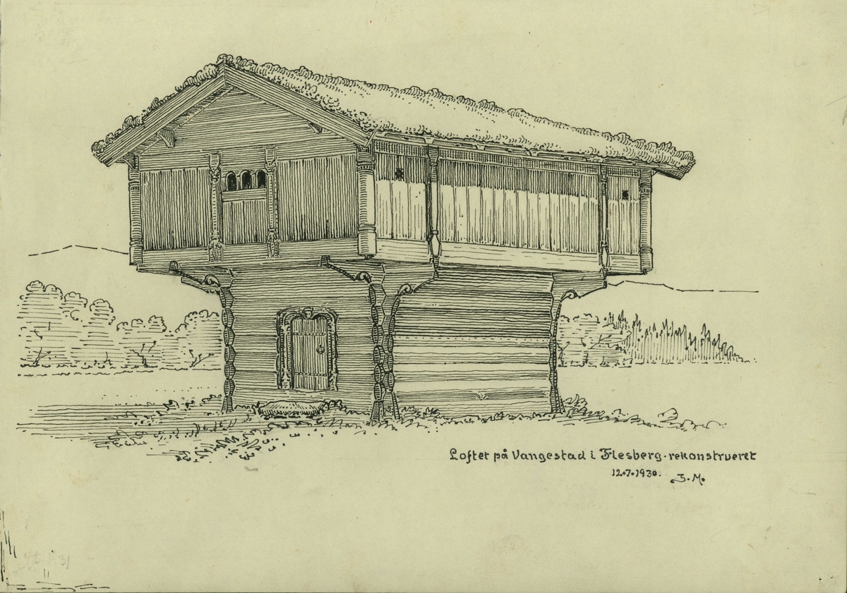 Johan Meyers tegning (1930) av loftet på Vangestad i Flesberg, Buskerud.