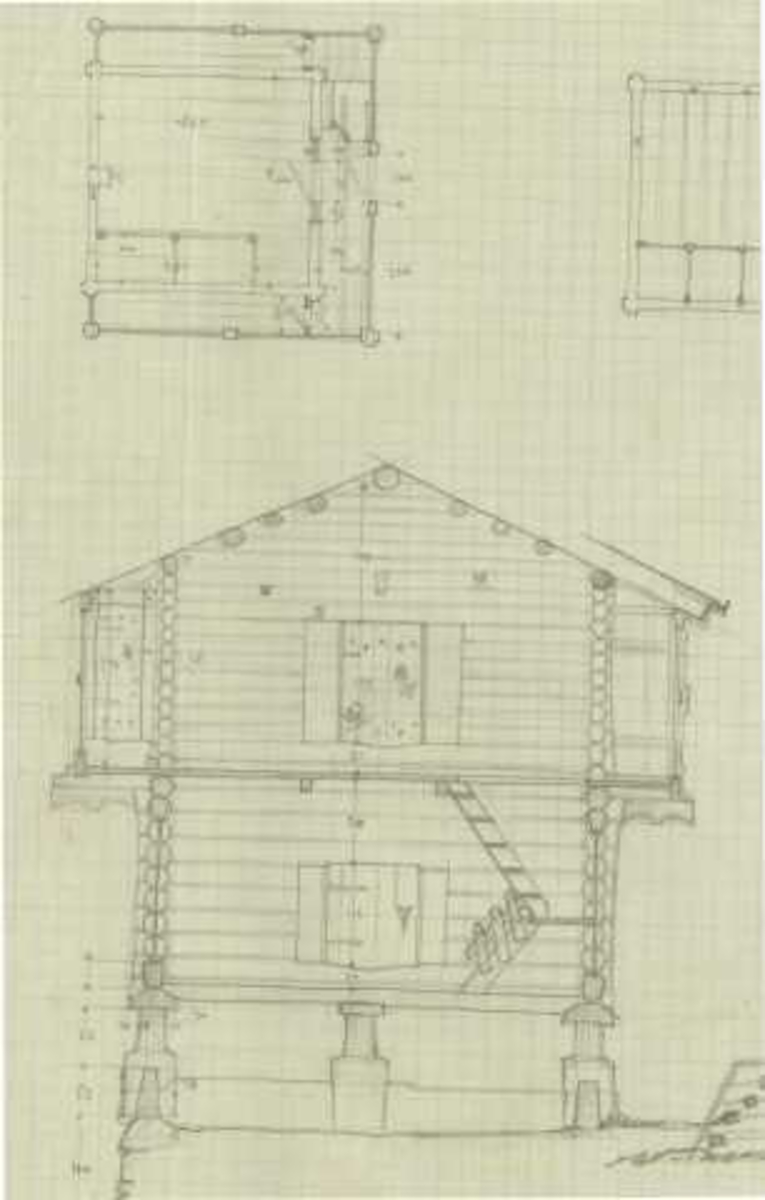 Erling Gjones tegning (1926) av loft på Røysland i Nore og Uvdal, Buskerud. Plan- og snittegning.