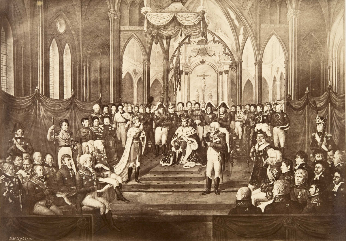 Kong Karl Johans kroning i Trondheim Domkirke. Fotografert maleri.
