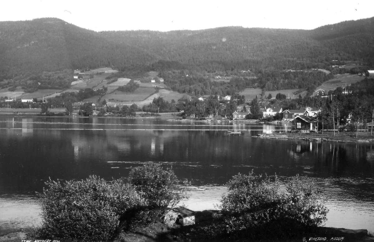 Svangstrand, Lier, Buskerud.1930.  Oversiktsbilde. Ved Holsfjorden. Dyrket landskap. Gårdsanlegg. Annen bebyggelse. Vann. Skog.