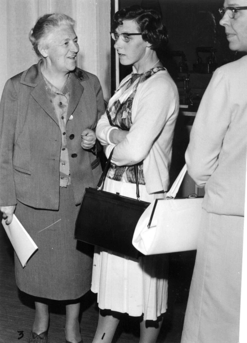 Åpningen av utstillingen Storvask den tiende juni i 1965.Førstekonservator Astrid Bugge i samtale med konservator Aagot Noss.