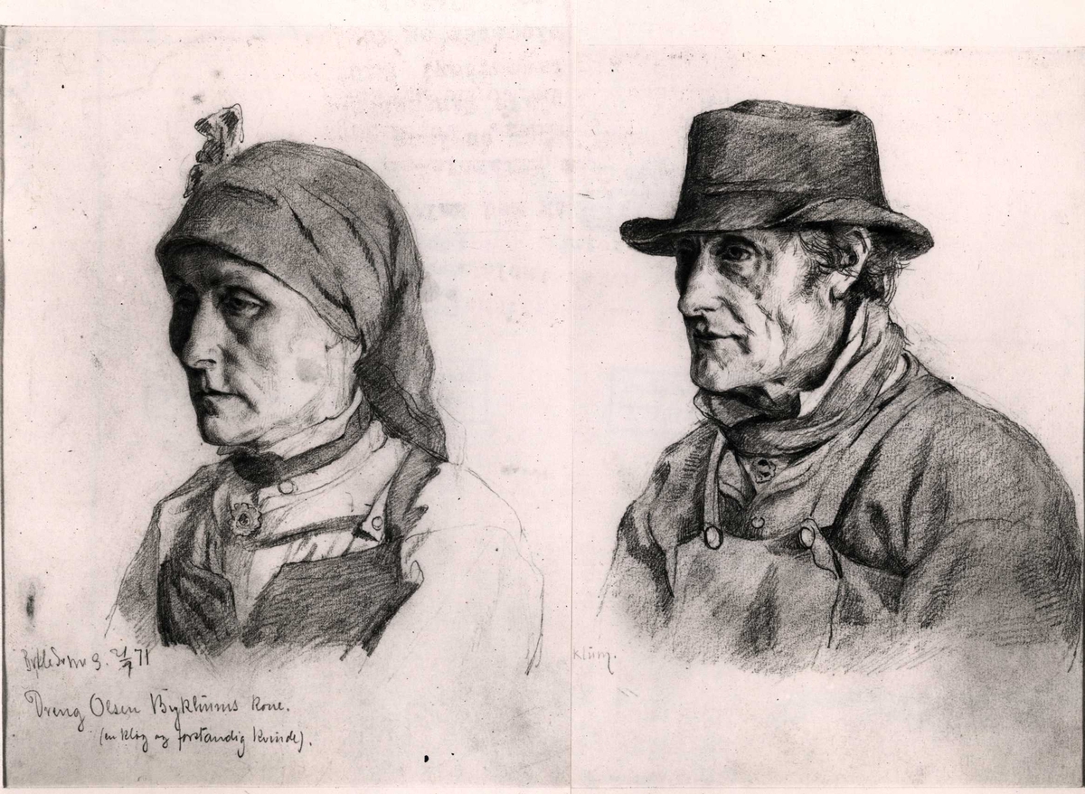 Portrett av Dreng Olsen Byklum og hans kone. Tegnet av Marcus Grønvold 1871. Bykle, Aust-Agder.