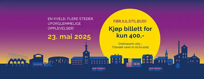 Plakat med informasjon om billettsalg til arrangementet i mai 2025. Førjulstilbud på billetter til kroner fire hundre