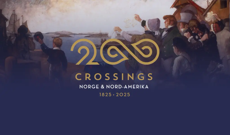 Grafikk med Crossings 200-logo, og et maleri i bakgrunnen hvor en gruppe mennesker står på en havn og vinker farvel til en båt